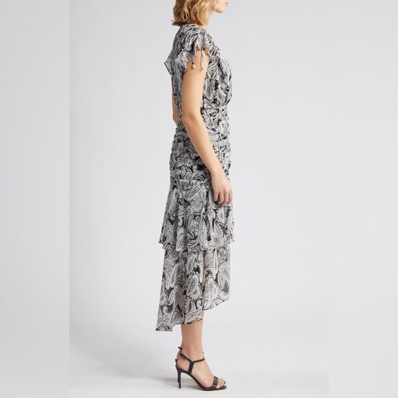 NEW TAHARI ASL Paisley Side Ruched Midi Dress in Black Ivory Plus Size 14 - Picture 3 of 14